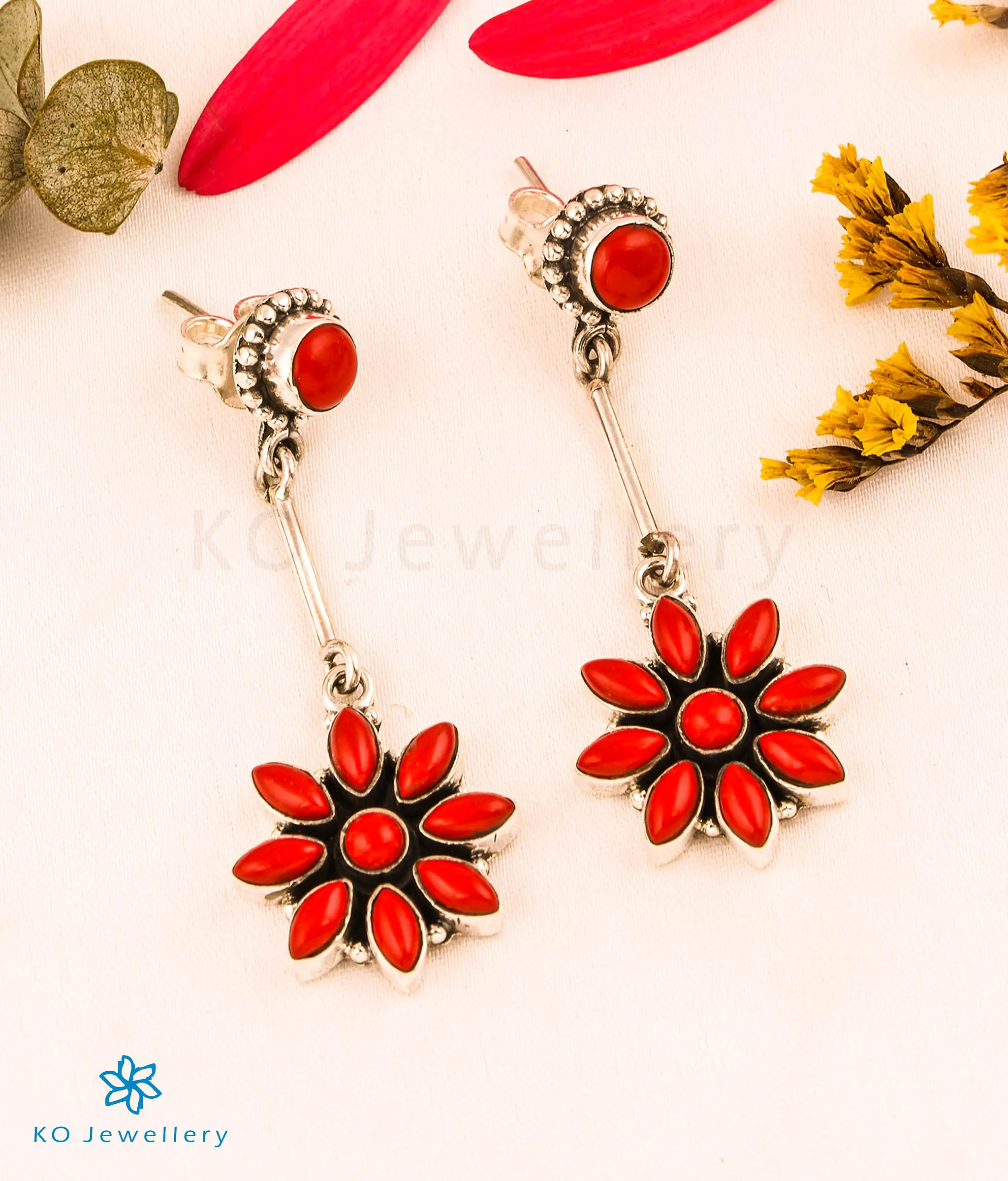 The Shwetala Silver Gemstone Earrings (Coral)