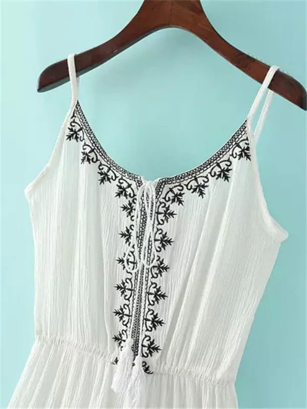 V Neck Straps Lace Linen Romper