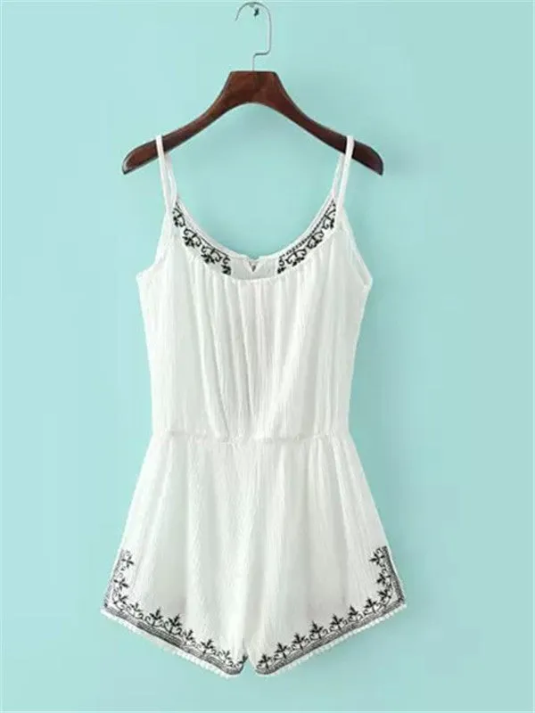 V Neck Straps Lace Linen Romper