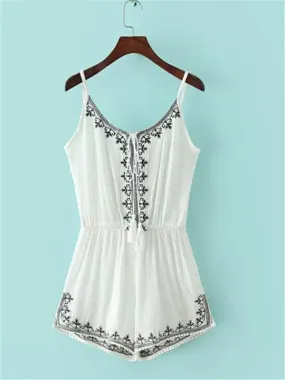 V Neck Straps Lace Linen Romper