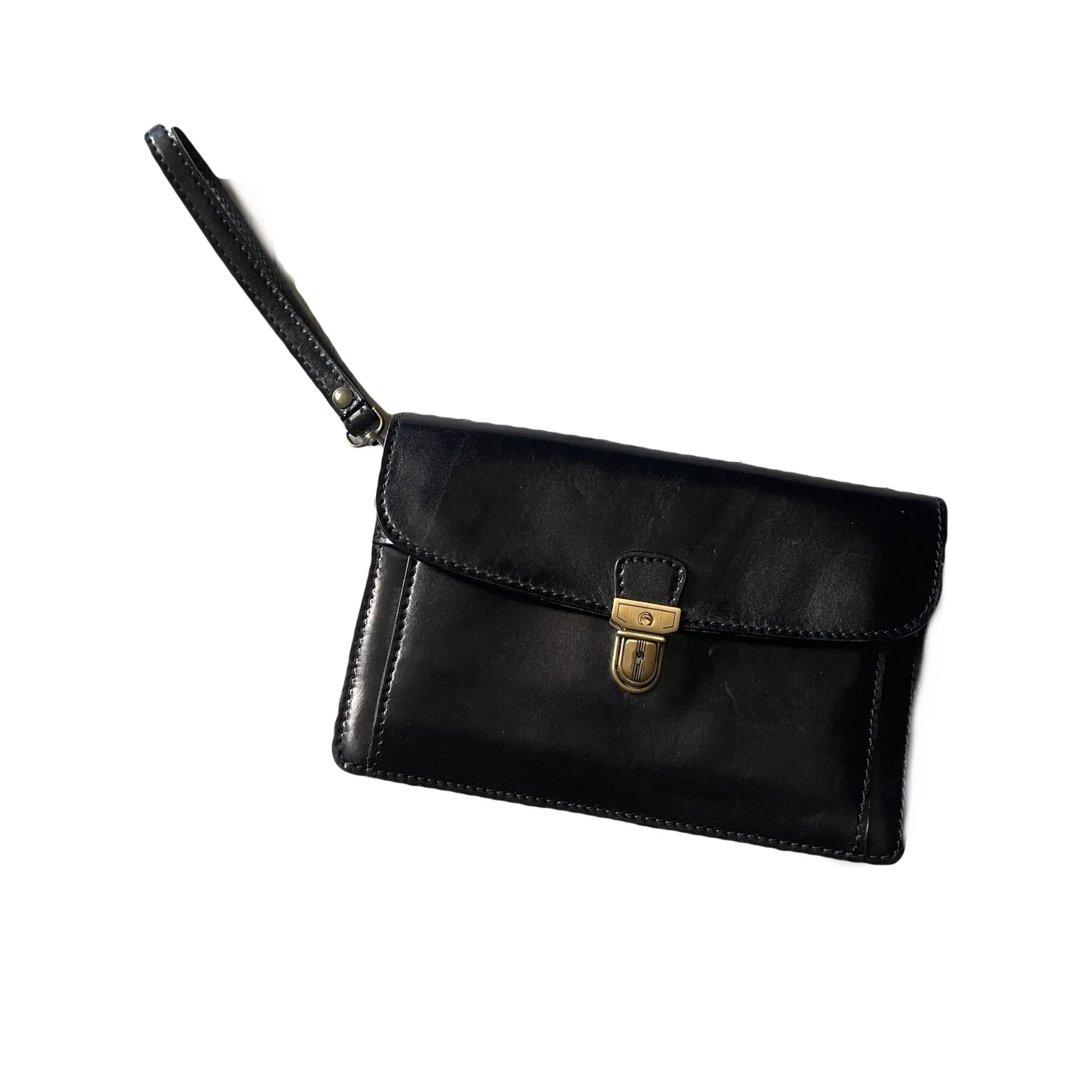 Vintage Black Leather Clutch from Italy. Envelope Style with a Wallet Organizer Section. 1980s Fashion.