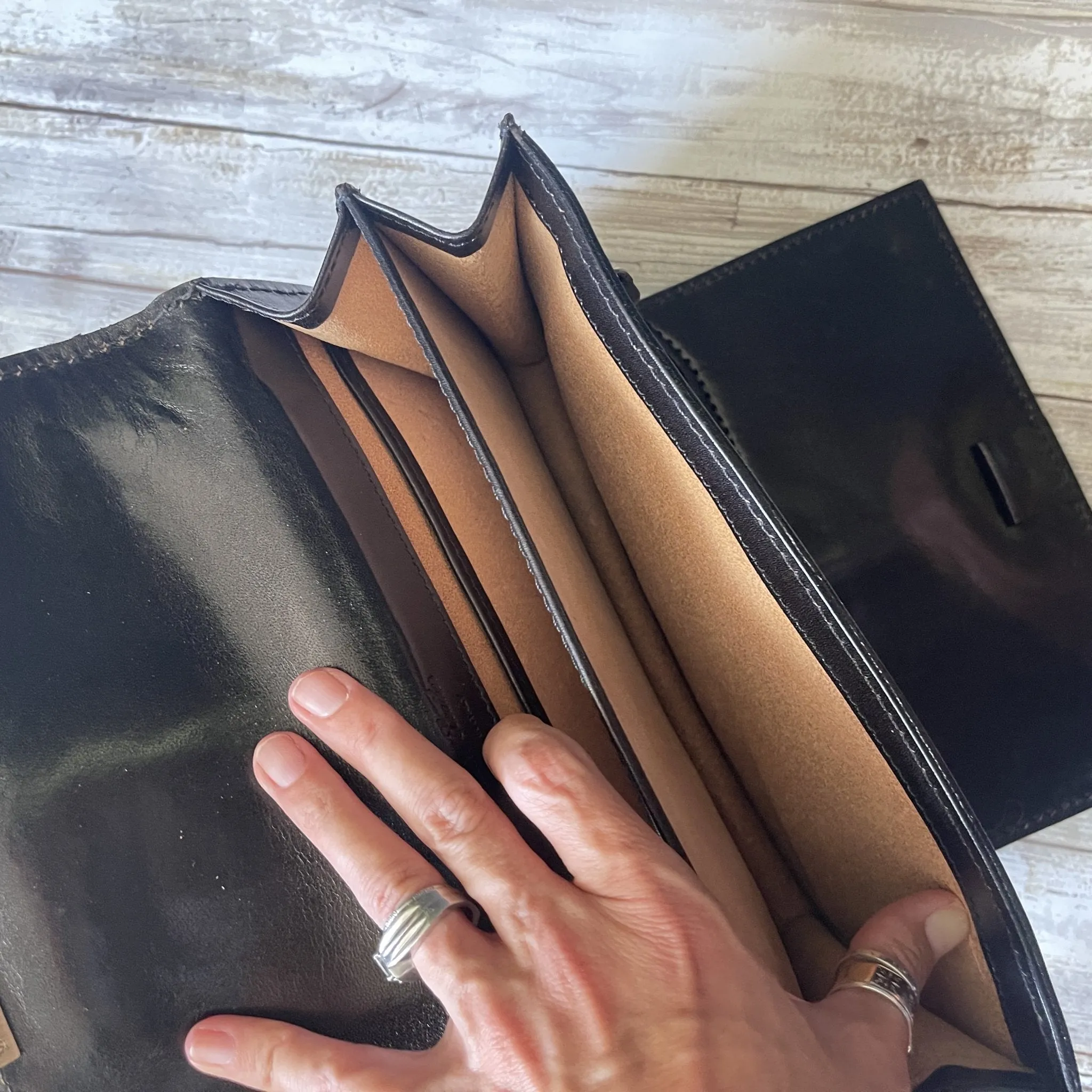 Vintage Black Leather Clutch from Italy. Envelope Style with a Wallet Organizer Section. 1980s Fashion.