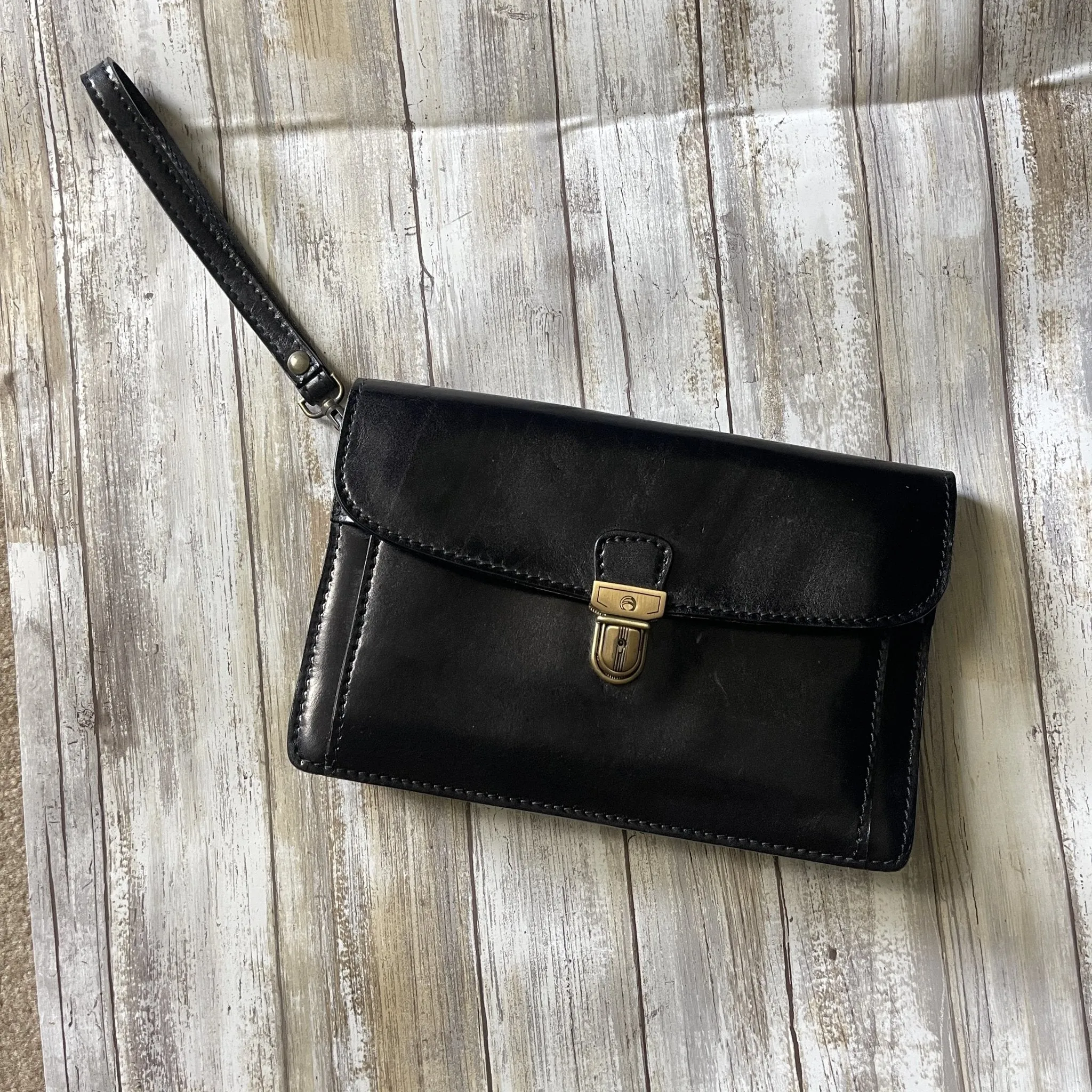 Vintage Black Leather Clutch from Italy. Envelope Style with a Wallet Organizer Section. 1980s Fashion.