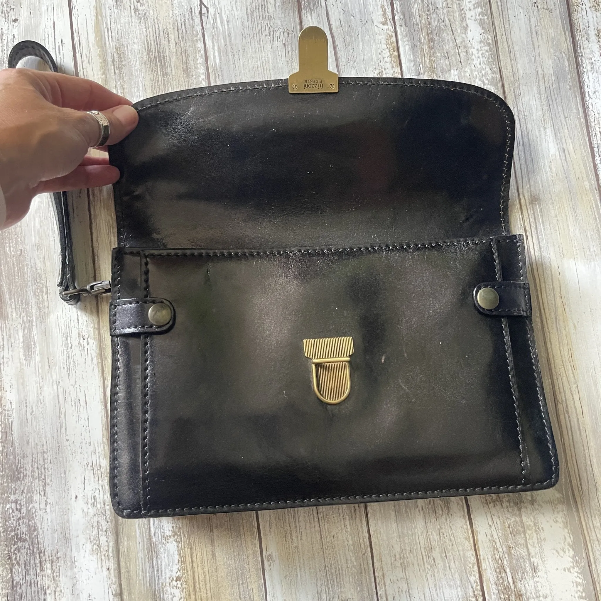 Vintage Black Leather Clutch from Italy. Envelope Style with a Wallet Organizer Section. 1980s Fashion.