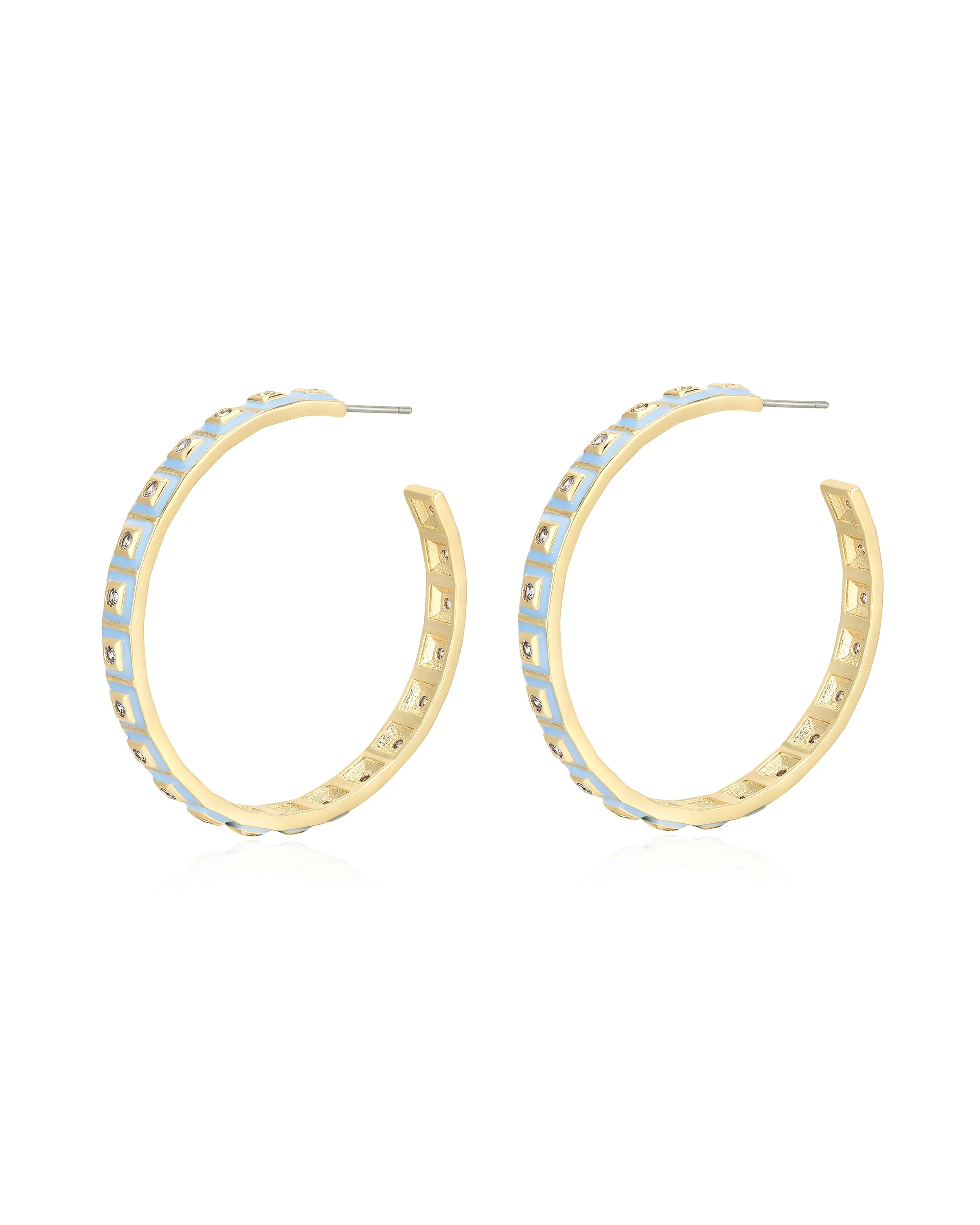 XL Pyramid Stud Hoops- Baby Blue- Gold